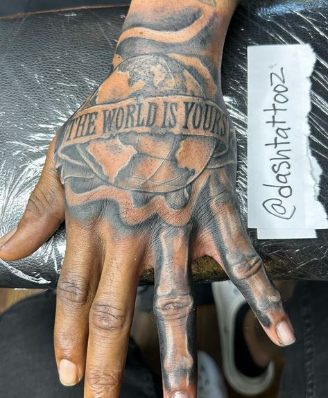 Globe Hand Tattoo, Skeleton Hand Tattoo Men, Black Male Hand Tattoos, Side Of Hand Tattoo Men, Tattoo Men Minimal, Skeleton Tattoo Hand Men, Small Arm Tattoo Men, Skeleton Tattoo Men, Writing On Hand Tattoo