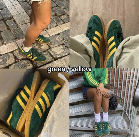 Adidas Spezial Green, Yellow Samba, Adidas Samba Green, Samba Adidas, Pretty Shoes Sneakers, Shoes Outfit Fashion, Adidas Spezial, Hype Shoes, Shoe Inspo