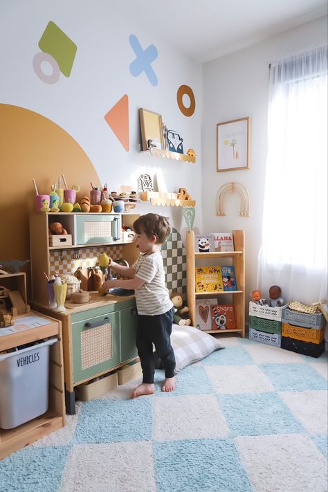 This stunning playroom by tegan porter featuring our stunning juni moon felt play food Bedroom And Playroom Combo, Under Stairs Playroom, Bedroom And Playroom, Amazing Playroom, Kids Rooms Inspo, Living Room Playroom, Montessori Playroom, Baby Playroom, Bar Basement