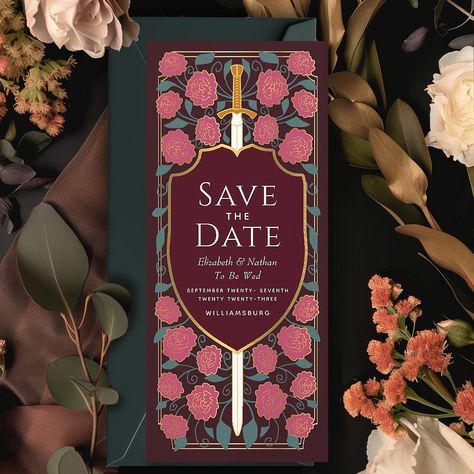 ⚔Sword & Shield Medieval Fantasy Save the Date Invitation⚔ Invite your wedding guests with this Royal Sword & Shield Medieval Fantasy Monogram design. This design is perfect for couples seeking a regal yet modern-day medieval fantasy aesthetic. For more invitations and gifts our Zazzle shop #linkinbio #Zazzlemade #weddingstationery #weddinginvitation #weddingplanner #weddingplans #weddinginspiration #weddinginspo #elegantwedding #weddingtrends #weddingsuite #weddinginvites #weddingideas #w... Elven Wedding Invitations, Medieval Party Invitations, Middle Earth Wedding Decor, Medieval Bridal Shower Ideas, Hobbit Wedding Invitations, Elvish Wedding Theme, Knight Wedding Theme, Fantasy Wedding Invites, Lord Of The Rings Save The Date