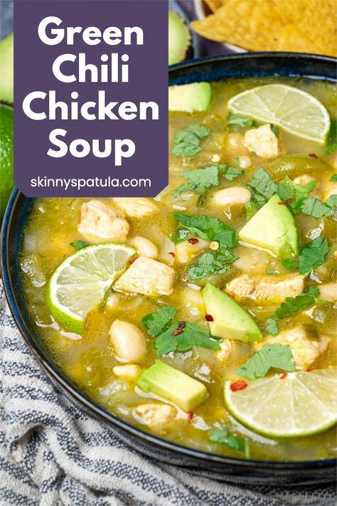 Green chili chicken soup is hearty and simply loaded with flavor! It's the perfect soup to try if you love Mexican flavors and spicy soups that warm you to your core. What To Make With Green Chili, Green Chili Chicken Rice Soup, Green Enchilada Chicken Soup Dairy Free, Chicken Green Chili Soup Crock Pots, Green Chili Soup Crockpot, Green Salsa Soup, Chili Verde Soup Crockpot, Verde Enchilada Soup, Green Chili Chicken Noodle Soup