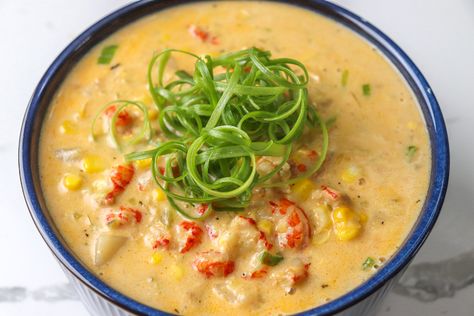 Crawfish and Corn Chowder Crawfish And Corn Chowder, Crawfish Corn Chowder, Crawfish And Corn Bisque Recipe, Crawfish Chowder, Crawfish Soup, Crawfish Bisque, Corn Bisque, Corn Soup Recipes, Comfort Soup Recipes