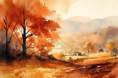 Watercolor Art Professional, Watercolour Autumn Landscape, Watercolor Autumn Painting, Autumn Forest Watercolor, Autumn Watercolor Landscapes, Autumn Watercolor Paintings, Fall Landscape Watercolor, Watercolor Landscape Tutorial, Autumn Landscape Painting