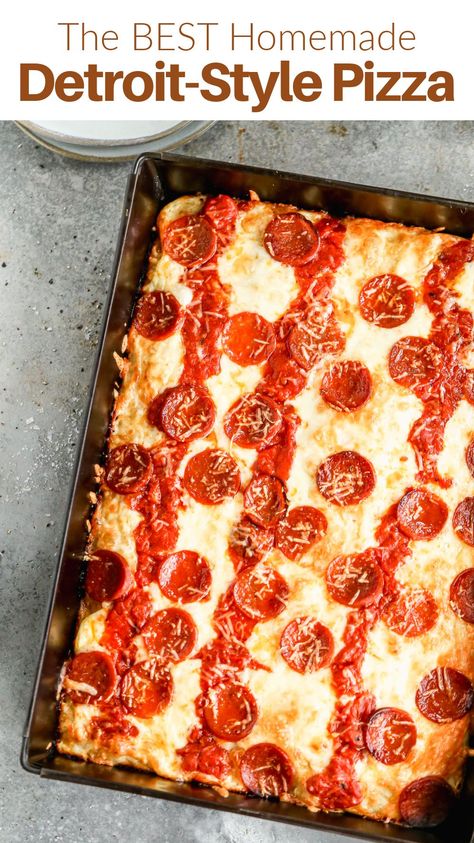 Champagne Recipes, Detroit Style Pizza Recipe, Detroit Style Pizza, Detroit Pizza, Dinner Suggestions, Hunger Pangs, Pizza Crusts, Tastes Better From Scratch, Oven Pizza