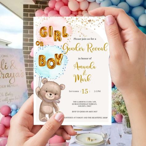 Teddy Bear Gender Reveal Invitation, Teddy Bear Gender Reveal, Bear Gender Reveal, He Or She Gender Reveal, Gender Reveal Party Invitations, Gender Reveal Invitations, Baby Gender Reveal, He Or She, Reveal Ideas