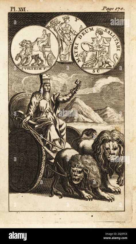 Download this stock image: Cybele or Magna Mater, Roman mother goddess She holds a key and the reins of a chariot drawn by two male lions. Copperplate engraving from Andrew Tooke’s The Pantheon, Representing the Fabulous Histories of the Heathen Gods, London, 1757. - 2GJ5FC6 from Alamy's library of millions of high resolution stock photos, illustrations and vectors. Rhea Goddess, Magna Mater, Roman Chariot, The Pantheon, Male Lion, Divine Mother, Mother Goddess, Tarot Art, Hold On