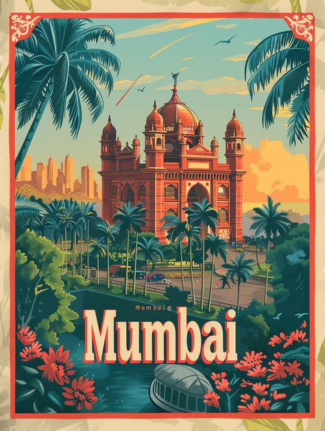 #VibrantTourismPoster #Mumbai #RetroArtDecoIllustration #EmilianoPonzi #RichardGruelle #LaurentDurieux #HighQuality #Hdr #Uhd #8kResolution #3:4AspectRatio Indian City Illustration, Abstract Landscape Illustration, Old Bombay Aesthetic, Mumbai Illustration Art, Mumbai City Illustration, Mumbai Illustration, Tourism Poster Design, Mumbai Poster, British Illustration