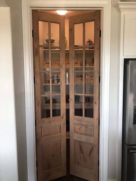 White French Farmhouse, Narrow Doors, Kitchen Pantry Doors, Beautiful French Doors, Barn Door Hinges, Pantry Remodel, Pantry Doors, Glass French Doors, French Doors Patio