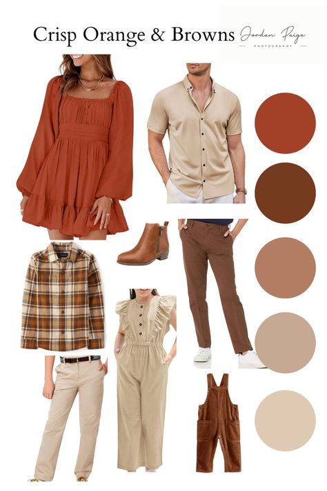 Fall outfit inspiration | color idea for outfits | fall photo style guide | family photos | family photo style guide | family photos color scheme | aesthetic outfit inspo | outfit inspo | orange tan and creme Burnt Orange Fall Family Pictures, Orange Family Photo Outfits, Burnt Orange Family Pictures Outfits, Rust Family Photo Outfits, Family Photo Style Guide, Color Scheme Aesthetic, Family Photos Color Scheme, Fall Family Photos Color Scheme, Outfit Inspo Orange