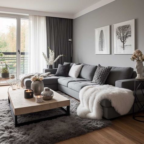 White And Grey Living Room Walls, Gray And Off White Living Room, Grey And White Lounge Decor, Modern Living Room Gray Sofa, White And Grey Walls Living Room, Gray Wall Apartment Decor, Lounge Grey Carpet, Grey And Wooden Living Room, White Grey Living Room Decor