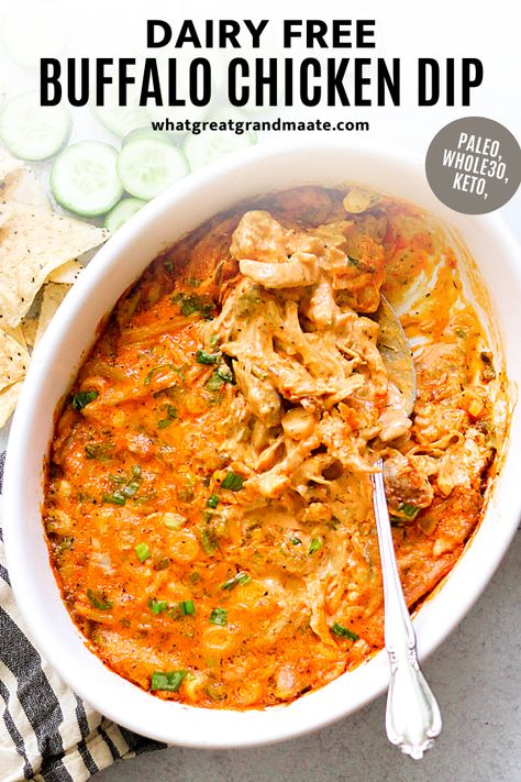 Dairy Free Buffalo Chicken Dip, Dairy Free Buffalo Chicken, Whole30 Buffalo Chicken, Healthy Buffalo Chicken Dip, Dairy Free Keto Recipes, Dairy Free Dips, Dairy Free Appetizers, Dairy Free Cooking, Dairy Free Recipes Dinner