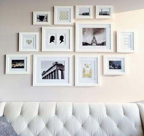 For a look that's simple and clean, this gallery is inspirational. Frame black silhouettes, moody black and white photography, and scraps of typography in identical all white mats and frames. Photo Ledge Above Couch, Wall With Pictures, Picture Arrangements, Gallery Wall Layout, Above Couch, Photo Wall Gallery, Gallery Wall Inspiration, Home Goods Decor, Cute Home Decor