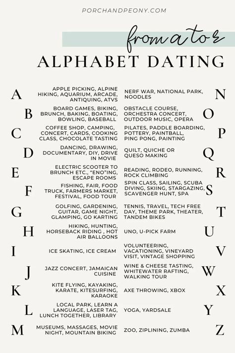 Whether you are looking to give the gift of time and togetherness to your valentine this year or simply need some inspiration for ways to enjoy something new with your spouse or s/o, this alphabet dates from A to Z list is for you! Alphabet Dates From A To Z | Alphabet Dating | Alphabet Activities | Date Ideas | Date Night Ideas | Date Night Ideas At Home | Date Night A-z Date Night Ideas, Cute At Home Dates, A Z Dates, A To Z Date Ideas, Year Of Dates Ideas, Abc Date Night Ideas, A-z Date Ideas, Monthly Date Night Ideas, 1 Year Anniversary Date Ideas