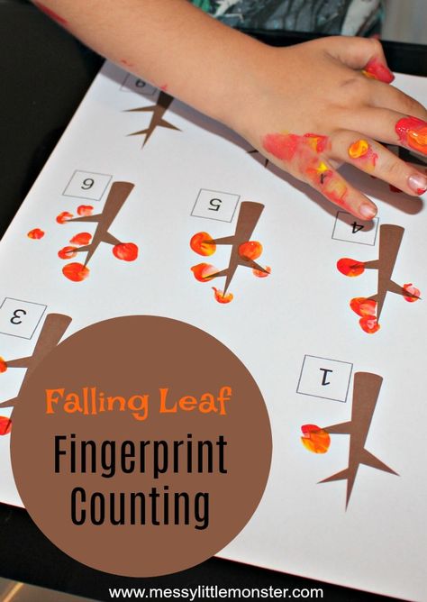 An Autumn/ Fall fingerprint counting activity for kids. Download our free falling leaf printable to help preschoolers work on counting skills and number recognition. Fall Math Activities, Leaf Printable, Fall Lesson Plans, Falling Leaf, Counting Activity, Fall Preschool Activities, Fall Lessons, Fall Math, Tree Study