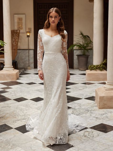 Modest Sheath Wedding Dress, Conservative Wedding Dress, Mermaid Wedding Dress With Sleeves, Moonlight Bridal, Long Lace Sleeves, Sheath Wedding Dress Lace, Bride Dress Simple, Wedding Dress Cap Sleeves, Stylish Wedding Dresses