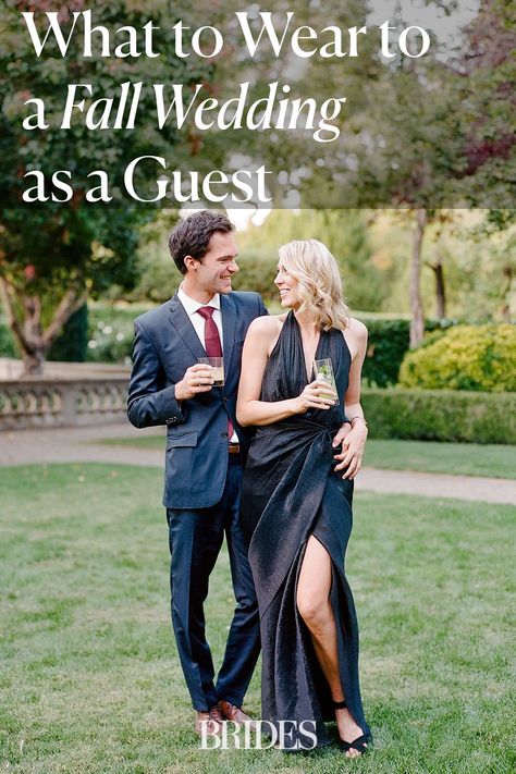 Can't figure out what to wear to a fall wedding? We put together a guide to help you choose the best colors, accessories, and styles fit for every fall wedding dress code. // Photo: Rebecca Yale Photography Cocktail Attire Couples Outfit, Wedding Guest Couple Outfit Fall, Fall Wedding Couple Outfits Guest, Winter Formal Couples Outfit, What To Wear To A Semi Formal Wedding, Fall Wedding Guest Pants Outfit, Family Wedding Outfits Guest, Couple Outfits Wedding Guest, What To Wear To A Black Tie Wedding