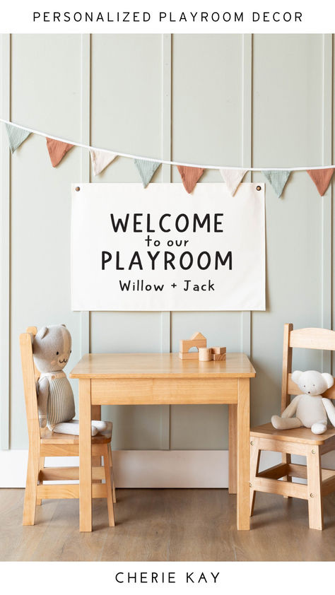 Personalized canvas sign for playroom decor with "Welcome to our Playroom" and children's names (Willow + Jack) printed on it. Neutral color banner ideal for kids' play areas, nurseries, or classrooms, featuring high-quality canvas material for a modern, minimalist look. Playroom Wall Ideas, Magical Playroom, Playroom Colors, Gender Neutral Playroom, Whimsical Playroom, Custom Playroom, Gilbert House, Playroom Walls, Toddler Room Organization