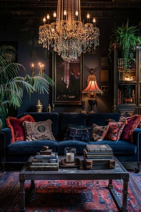 Dark Interior Design Living Room, Elegant Boho Decor, Moody Glam Living Room, Dark Vintage Home Decor, Dark Living Rooms Cozy, Gin Room, Victorian Salon, Vintage Salon Decor, Cosy Interior Design