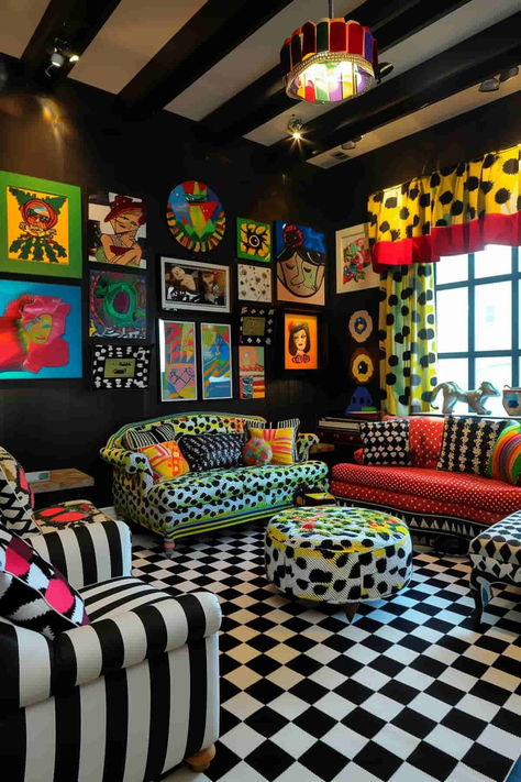 21 Funky Living Room Ideas That Are Full of Fun and Flair Cool House Ideas Interior, Room Ideas Aesthetic Funky, Music Inspired Living Room Decor, Bright Funky Living Room, Funky Wallpaper Living Room, Fun Living Room Ideas Creative, Small Colorful Living Room, Funky Aesthetic Room, Funky Room Ideas