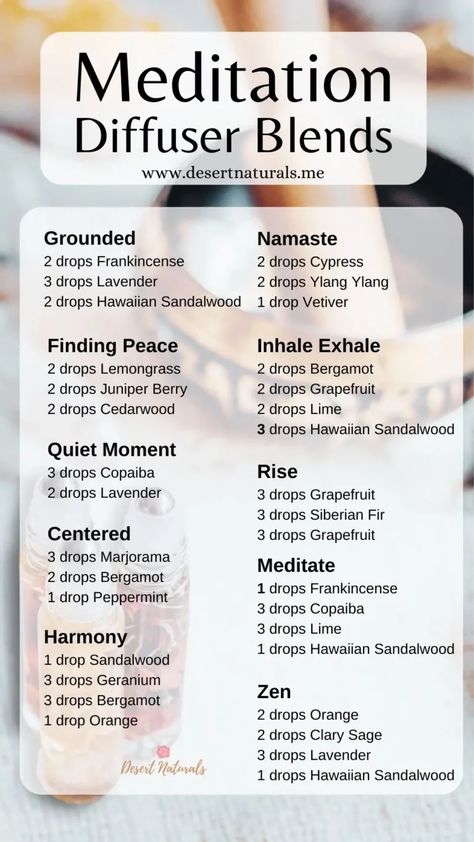 Essential Oil Diffuser Blends for Meditation Blend Essential Oils Recipes, Healing Diffuser Blends, Medicinal Essential Oil Blends, Aromatherapy Recipes Diy Essential Oil Blends, Spiritual Essential Oil Blends, Diy Essential Oil Blends Recipes, Young Living Essential Oils Recipes Diffuser, Essential Oils Spiritual Uses, Essential Oil Perfume Recipes Roller