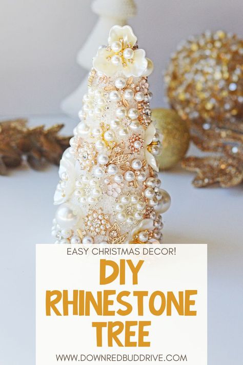 Use this tutorial to make these stunning Jeweled Christmas Trees DIY to add to your Christmas decor this year! Jeweled Christmas Tree DIY | Rhinestone Christmas Tree | Jewel Christmas Tree | Christmas Tree from Old Jewelry | Upcycled Christmas Tree | Old Jewelry Christmas Decor | Down Redbud Drive #oldjewelry #jewel #rhinestone #christmastree #upcycled Jeweled Christmas Trees Diy, Jewelry Christmas Tree Diy, Jewel Christmas Tree, Upcycled Christmas Tree, Jewelry Christmas Ornaments, Christmas Trees Diy, Jewel Christmas, Jeweled Christmas Ornaments, Trees Diy