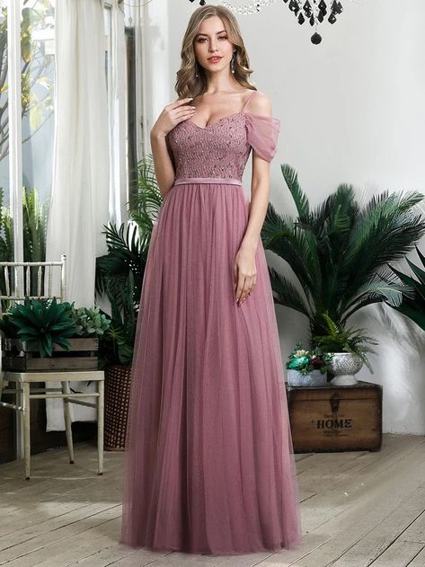 Cold Shoulder Sequin Bodice Long Tulle Bridesmaid Dress #color_Purple Orchid Sequin Prom Dresses Long, Dress Celebrity, Tulle Bridesmaid, Dress Bridesmaids, Tulle Dresses, Tulle Bridesmaid Dress, Sequin Prom Dress, Maxi Bridesmaid Dresses, Ever Pretty