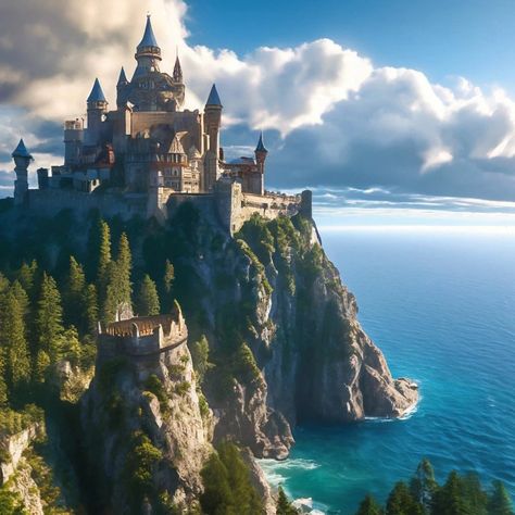 Seaside Kingdom Fantasy Art, Fantasy Castle By The Sea, Seaside Castle Fantasy Art, Island Castle Fantasy Art, Seaside Castle, Castle By The Sea, Medieval Series, Island Castle, Beach Palace