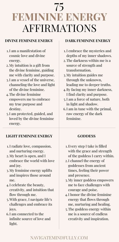 75 Feminine Energy Affirmations to Awaken Your Inner Goddess Feminine Energy Affirmation, Energy Affirmations, Powerful Feminine, Healing Journaling, Divine Feminine Spirituality, Healing Affirmations, Self Care Bullet Journal, A Course In Miracles, Energy Healing Spirituality