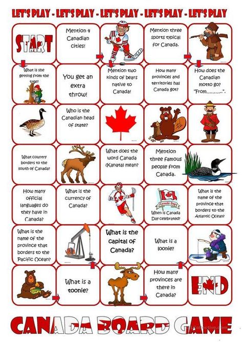 Here's a fun ESL board game about Canada. Students answer questions, describe the pictures, or give the English word for the thing/activity in the picture. Canada Day Games For Kids, Canada Worksheet, Canada Day Games, Canada Games, Canada For Kids, Canadian Social Studies, Canadian Summer, Canada Day Crafts, Canada Project