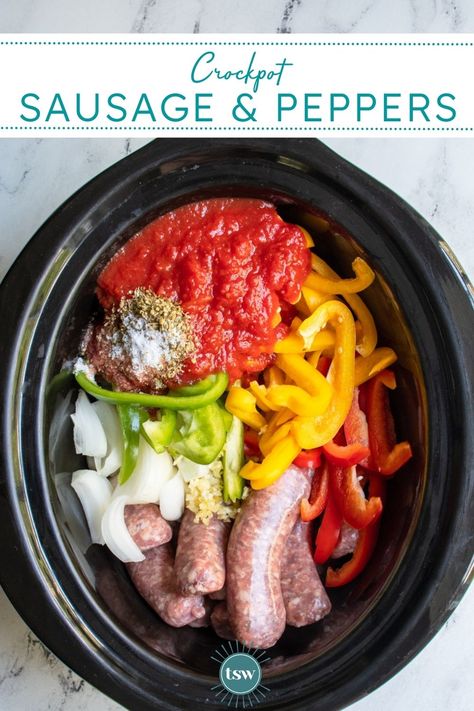 Sausage And Pepper Crockpot, Sausage N Peppers Recipes, Sausage And Peppers With Marinara, Italian Sausage Peppers Onions Tomatoes, Keto Crockpot Sausage And Peppers, Sweet Sausage Crockpot Recipes, Crock Pot Hot Sausage And Peppers, Healthy Crockpot Sausage Recipes, Chicken Sausage In Crockpot