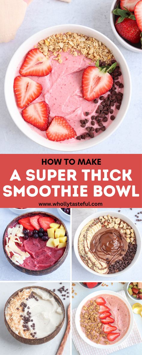 Learn how to make a thick and creamy smoothie bowl that's perfect as healthy breakfast, snack or desserts. All the helpful tips and tricks, from using only frozen ingredients to best blenders for smoothie bowls. Super Thick Smoothie Bowl, Thick Smoothie Bowl, Homemade Smoothie Bowl, Acai Bowl Recipe Easy, Thick Smoothie, Smoothie Aesthetic, Smoothie Bowls Recipe Easy, Easy Smoothie Bowl, Bowl Recipes Easy