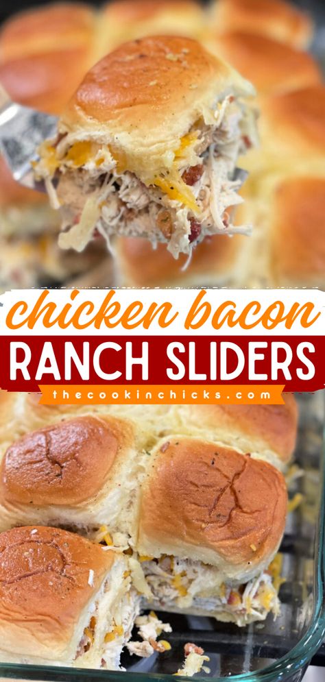 Learn how to make Chicken Bacon Ranch Sliders! They're a must-have finger food idea. Baked on Hawaiian rolls, these shredded chicken sliders are an easy party snack or a 4th of July appetizer recipe everyone will enjoy! Chicken Bacon Ranch Sliders, Bacon Ranch Sliders, Ranch Sliders, Chicken Bacon Ranch Sandwich, Sliders Recipes Hawaiian Rolls, Easy Slider Recipes, Sliders Recipes Chicken, Rolled Sandwiches, Slider Sandwiches