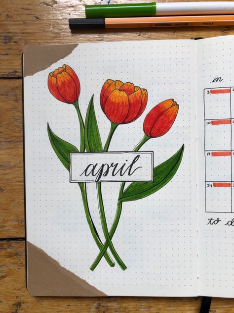 There is a bullet journal cover page for April. The bullet journal theme is tulips and flowers. Bullet journal theme for spring Task Ideas, Daily Bullet Journal, April Bullet Journal, Handmade Greeting Card Designs, Copic Marker Art, Bullet Journal Ideas, Day Planner Design, Bullet Journal Mood, Bullet Journal Aesthetic