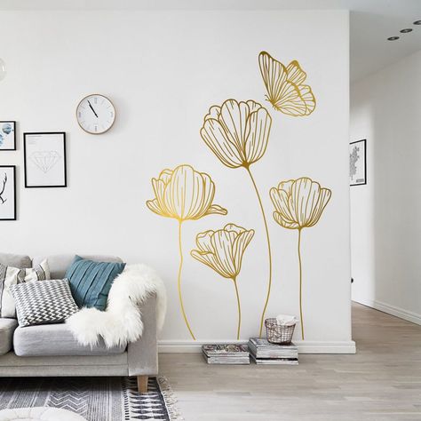 Poppies and Butterfly, Poppies, Flower, Butte Poppy Flower Wall Mural, Wall Decor Stickers Living Room, Minimalist Mural Wall, Minimalist Mural, White Wall Stickers, Modern Wall Stickers, Nature Minimalist, Poppies Flower, Flower Luxury