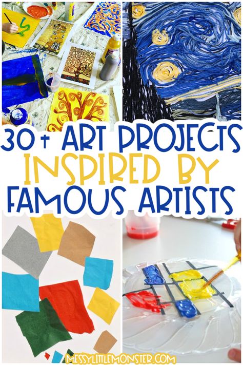 famous artists for kids - fun art projects for kids Famous Art For Preschoolers, Kindergarten Art Projects Famous Artists, Kindergarten Artist Inspired Art, Artists For Preschoolers, Famous Artists Preschool Activities, Art Lessons Elementary Famous Artists, Famous Artists For Preschool, Artist Study For Kids, Artist For Preschoolers