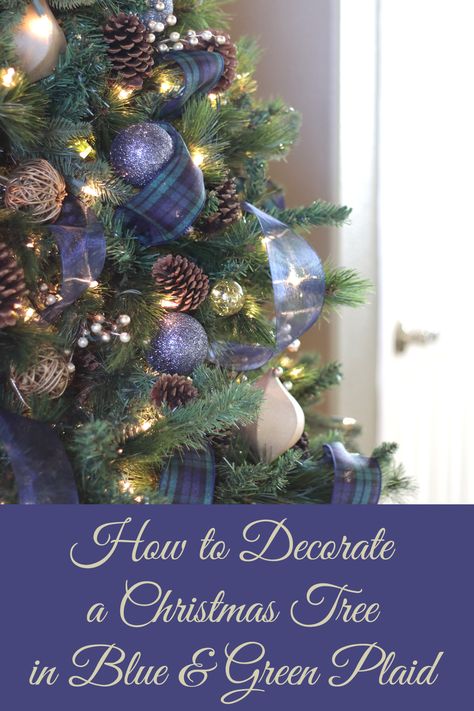 Designer tips and tricks for how to decorate a Christmas tree in blue and green plaid, also called Black Watch tartan. christmas decorations. Blue green plaid Christmas tree inspo. christmas home decor. blue christmas decor. navy blue christmas decor Green Blue Plaid Christmas, Navy Tartan Christmas, Celtic Christmas Tree, Black Watch Tartan Christmas, Navy And Green Christmas Decor, Christmas Decor Navy Blue, Green And Blue Christmas Tree, Blue Tartan Christmas, Blue And Green Christmas Tree