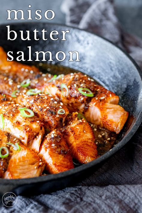 This Miso Butter Salmon is one of those recipes that feels fancy but is actually super easy to make! The fillets are pan-seared, giving them that crispy, golden crust. But the real magic happens when you add the miso butter – it melts over the salmon, creating a rich, umami-packed sauce that takes this dish to the next level. Serve this with some rice or a fresh side of greens or salad, and you've got a meal that's easy enough for a weeknight but impressive enough to serve to guests. Miso Butter Salmon, Fresh Salmon Recipes, Crispy Salmon Recipe, Miso Salmon Recipe, Salmon Fillet Recipes, Sprouts Recipes, Miso Recipe, Seared Salmon Recipes, Side Dishes For Salmon