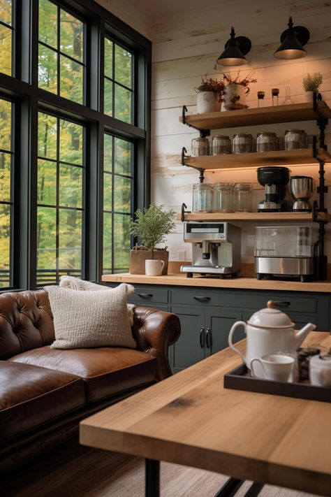 30 Cozy Farmhouse Coffee Bar Designs for Your Home Coffee Shop Inspired Kitchen, Cozy Coffee Station, Coffee Bar Area Ideas, Coffee Bar Ideas Dark Wood, Industrial Coffee Station, Coffee Nook In Pantry, Coffee Bar Lighting Ideas, Living Room Coffee Bar, Coffee Bars In Kitchen Farmhouse Style