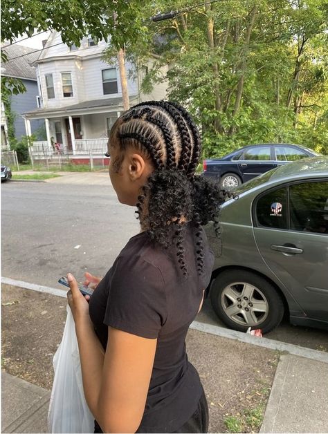 Braided Back Cornrow Hairstyles, Braids With Two Buns In The Back, Feed In Space Buns, Two Braids At The Top Of Head, Hair Inspo Protective, Cornrow With Curls In The Back, Four Braids Into A Bun, Straight Back Stitch Braids With Bun, Criss Cross Straight Back Braids