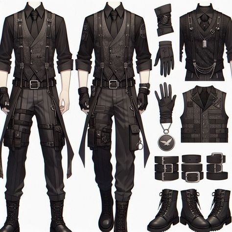 Fashion: #fashion, #style, #outfitinspiration, #beauty Black And White Fantasy Outfit Male, Assassin Outfits Male, Male Tactical Outfit, Modern Fantasy Outfit Male, Male Combat Outfit, Character Design Male Outfit, Character Art Clothes, Drawing Clothes Ideas Male, Male Designer Fashion