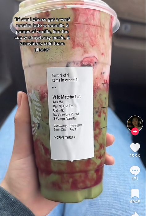 a pink and green strarbucks drink. the order is a venti matcha with oatmilk, 2 pumps of vanilla, line the cup with strawberry purée & strawberry cold foam Matcha With Strawberry Puree, Strawberry Matcha Starbucks Order, Strawberry Cold Foam Recipe, Starbucks Recipes Matcha, Strawberry Matcha Starbucks, Oatmilk Drinks, Starbucks Strawberry Drinks, Starbucks Drinks Matcha, Matcha Starbucks Drinks Order