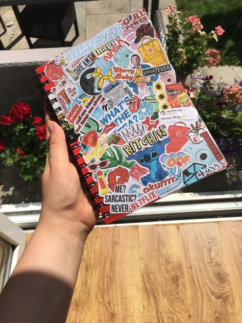 Stickers On Book Cover, Sticker On Notebook Cover, Notebook Cover Art Diy, Sticker Covered Things, Notebook Covered In Stickers, Stickers Placement Ideas, Decorating A Sketchbook Cover, Customized Notebooks Cover, Sticker Covered Notebook