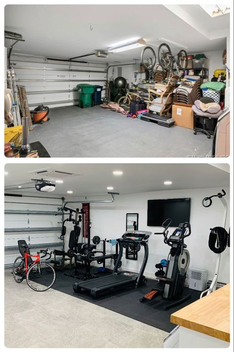 Garage Work Out Gym, Workout Garage Home Gyms, Home Gym Half Garage, Gym At The Garage, At Home Gym Room Small Spaces Garage, Functional Garage Gym, Garage Half Gym Half Storage, Garage Gym Man Cave Ideas, Garage Gym Peloton