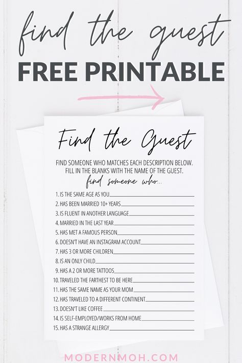 FREE Find the Guest printable game card including detailed instructions on how to play and extra tips for playing! #findtheguestbridalshowergame #findtheguestgamefreeprintable #ModernMaidofHonor #ModernMOH Engagement Party Games, Wedding Games For Guests, Find The Guest, Bridal Shower Activities, Bridal Shower Printables, Printable Bridal Shower Games, Unique Bridal Shower, Wedding Shower Games, Bridal Shower Diy