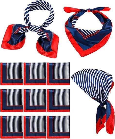 Bonuci 12 Pcs Sailor Scarf Silk Satin Flight Attendant Scarf Square Breathable Lightweight Silk Neckerchief Red White and Blue Stripe Scarf for Women Men Neck Costume Gift, 23.62 x 23.62 Inch at Amazon Men’s Clothing store Sailor Scarf, Flight Attendant Scarf, Aviation Party, Nautical Scarf, Stripe Scarf, Silk Neck Scarf, Scarf Square, Scarf Silk, Scarf For Women