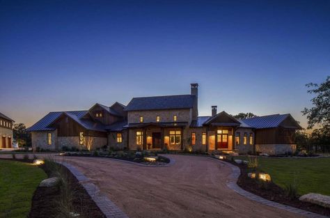 Fabulous contemporary twist on the traditional Texas farmhouse Mediterranean Inspired Home, Texas Farmhouse, Dripping Springs Texas, Hill Country Homes, French Exterior, French Doors Exterior, Modern Rustic Homes, Dripping Springs, Contemporary Farmhouse