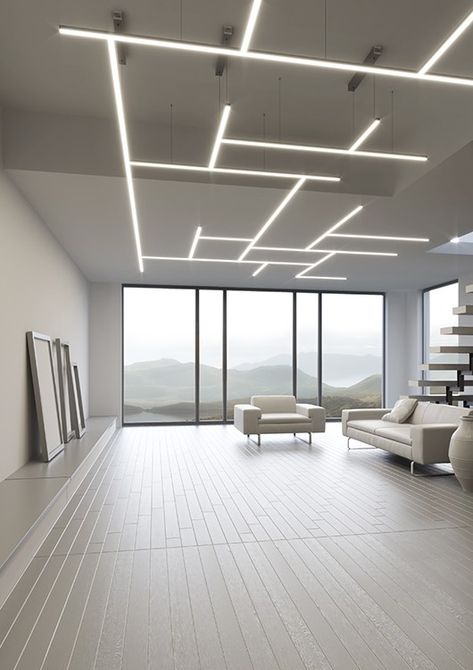 Suspended linear light pattern. Lit grid Supermarket Design, House Ceiling Design, Led Recessed Lighting, Ceiling Design Modern, Recessed Ceiling Lights, Lighting Design Interior, Linear Lighting, False Ceiling Design, Light Architecture