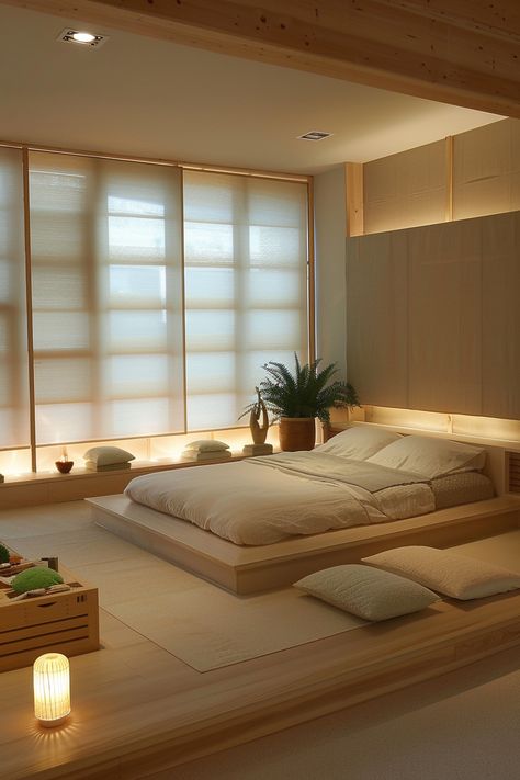 Modern Japanese Bedroom, Japandi Bedroom Ideas, Organic Modern Bedroom, Zen Bedroom Ideas, Japanese Style Bedroom, Japandi Bedroom, Japanese Bedroom, Zen Interiors, Japanese Home Design