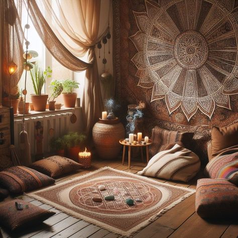 15 Hippie Room Ideas to Elevate Your Space — Lord Decor Sun Meditation Room, Spiritual Corner Ideas, Bohemian Yoga Studio, Yoga Room Lighting Ideas, Zen Room Ideas Meditation Decor, Peaceful Room Ideas, Gypsycore Room, Yoga Decor Zen Space, Yoga Room Ideas Zen Space