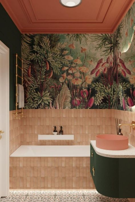 Color Drenched Bathroom, Moroccan Bathroom, Tropical Interiors, Tropical Interior Design, Tropical Bathroom, Tropical Interior, Eclectic Bathroom, Interior Bathroom, Estilo Tropical